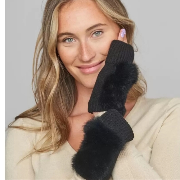 JOCELYN Genuine Rabbit Fur Black Fingerless Mittens - BLOOMINGDALES - Picture 3 of 5